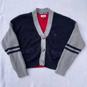 Tommy Hilfiger Colorblock Navy Red Gray Sweater Cardigan Size L Preppy Prep